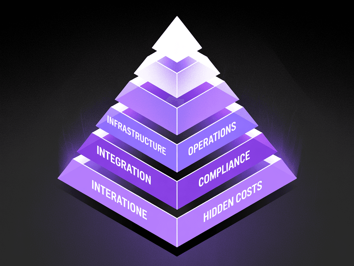 Diagram showing the five cost layers of enterprise AI agent TCO with percentage breakdowns: Infrastructure 15-25%, Integration 35-45%, AgentOps 15-20%, Compliance 10-15%, Hidden Costs 5-10%
